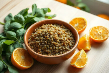 fer bisglycinate : assiette de lentilles, épinards et agrumes riches en fer sur une table lumineuse