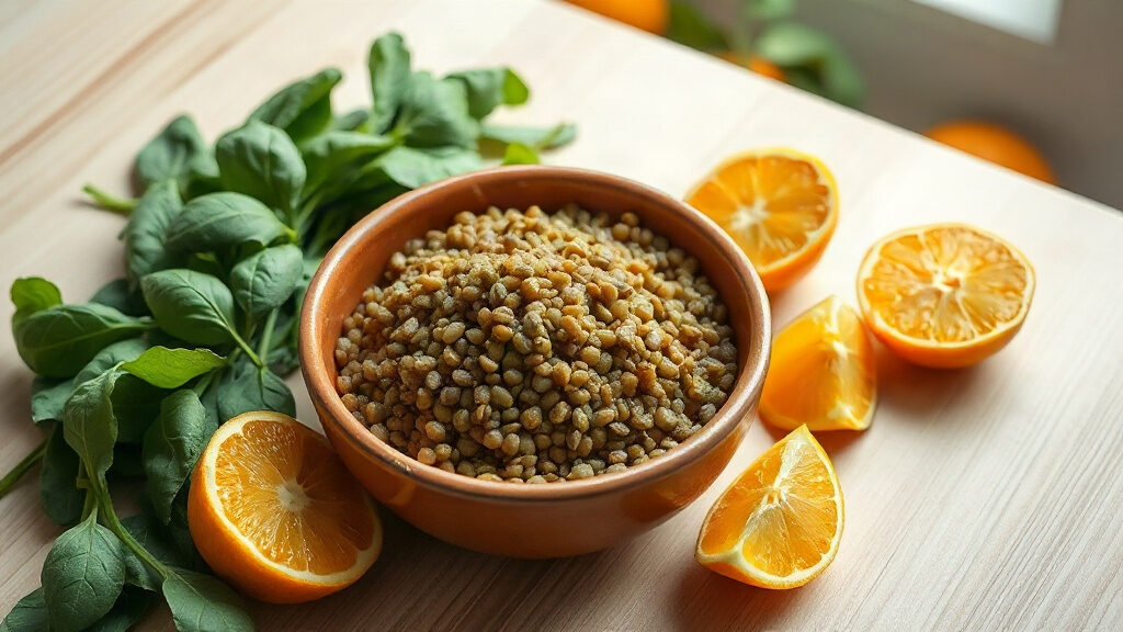 Fer bisglycinate : pourquoi est-il mieux toléré que le sulfate ? 1 fer bisglycinate : assiette de lentilles, épinards et agrumes riches en fer sur une table lumineuse