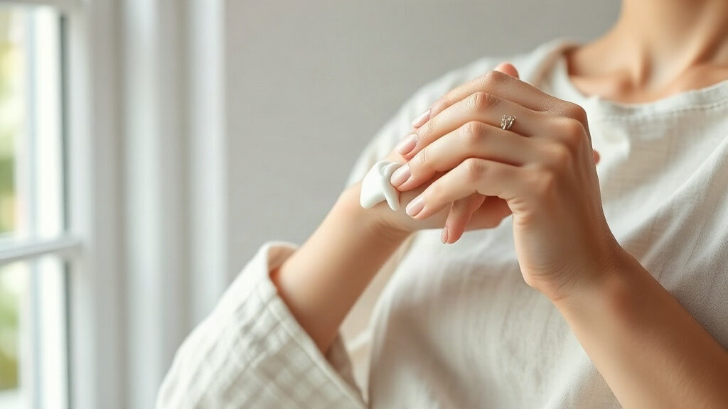 démangeaisons sans boutons : femme appliquant une crème émolliente sur son avant-bras à la lumière naturelle