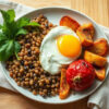 faim constante : assiette équilibrée avec légumes, lentilles et œuf sur une table en bois à la lumière naturelle