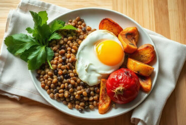 faim constante : assiette équilibrée avec légumes, lentilles et œuf sur une table en bois à la lumière naturelle