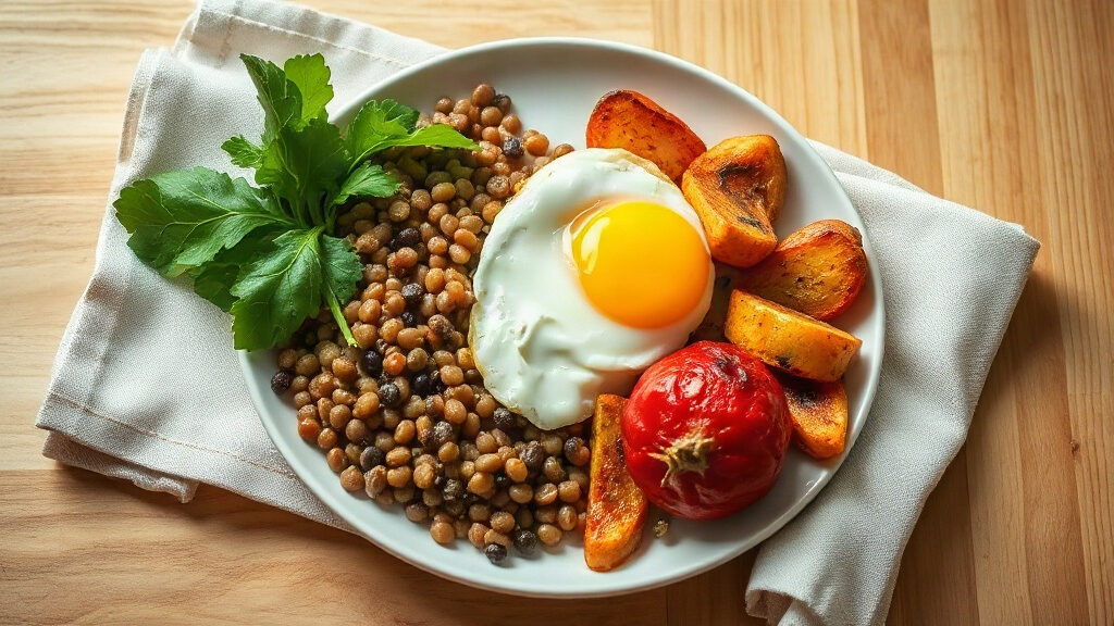 Faim constante : pourquoi a-t-on encore faim juste après manger ? 3 faim constante : assiette équilibrée avec légumes, lentilles et œuf sur une table en bois à la lumière naturelle