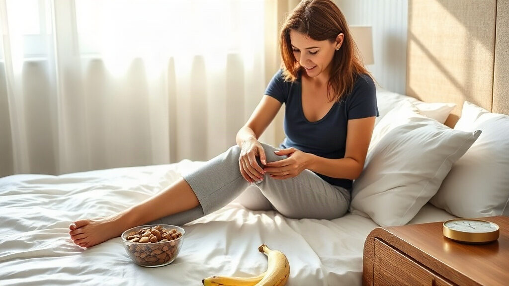 Magnésium ou potassium : lequel manque quand on a des crampes ? 1 Magnésium ou potassium crampes : femme massant sa jambe au réveil, amandes et banane sur le lit
