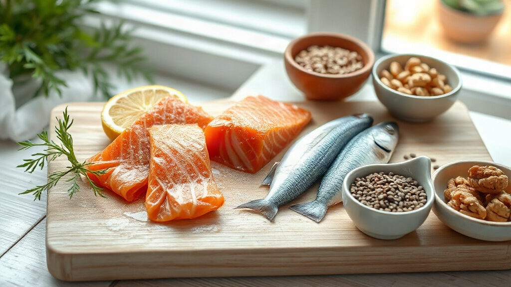 Quantité d'oméga-3 par jour : repères selon l'âge et l'objectif 3 Quantité d'oméga-3 par jour : saumon, sardines, noix et graines de lin sur une table
