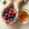 envie de sucre après le repas : mains tenant un bol de fruits rouges frais près d'une tasse de tisane