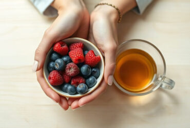 envie de sucre après le repas : mains tenant un bol de fruits rouges frais près d'une tasse de tisane
