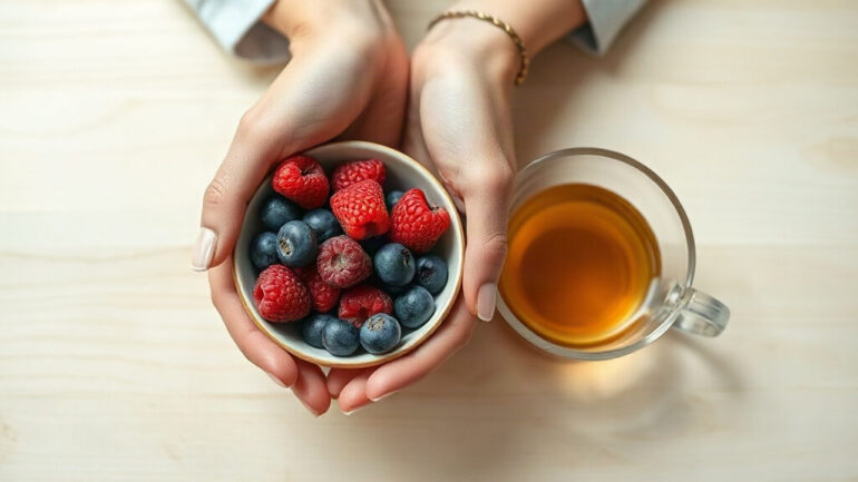 Envie de sucre après le repas : pourquoi revient-elle chaque jour ? 3 envie de sucre après le repas : mains tenant un bol de fruits rouges frais près d'une tasse de tisane