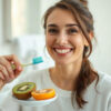 gencives qui saignent : personne souriante se brossant les dents avec douceur à la lumière naturelle