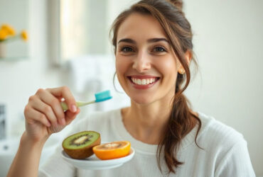 gencives qui saignent : personne souriante se brossant les dents avec douceur à la lumière naturelle