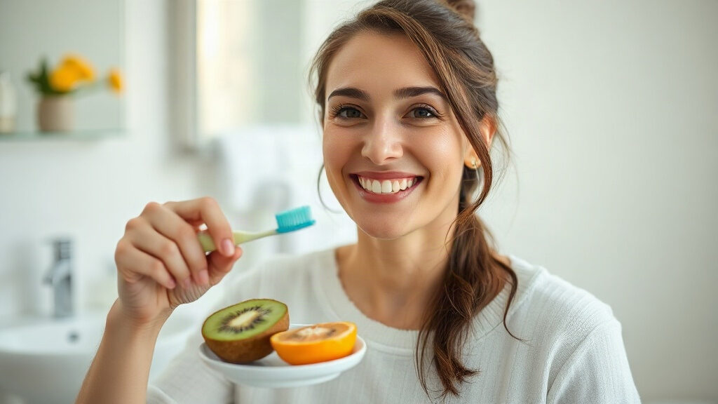 Gencives qui saignent : gingivite, brossage ou manque de vitamine C ? 3 gencives qui saignent : personne souriante se brossant les dents avec douceur à la lumière naturelle