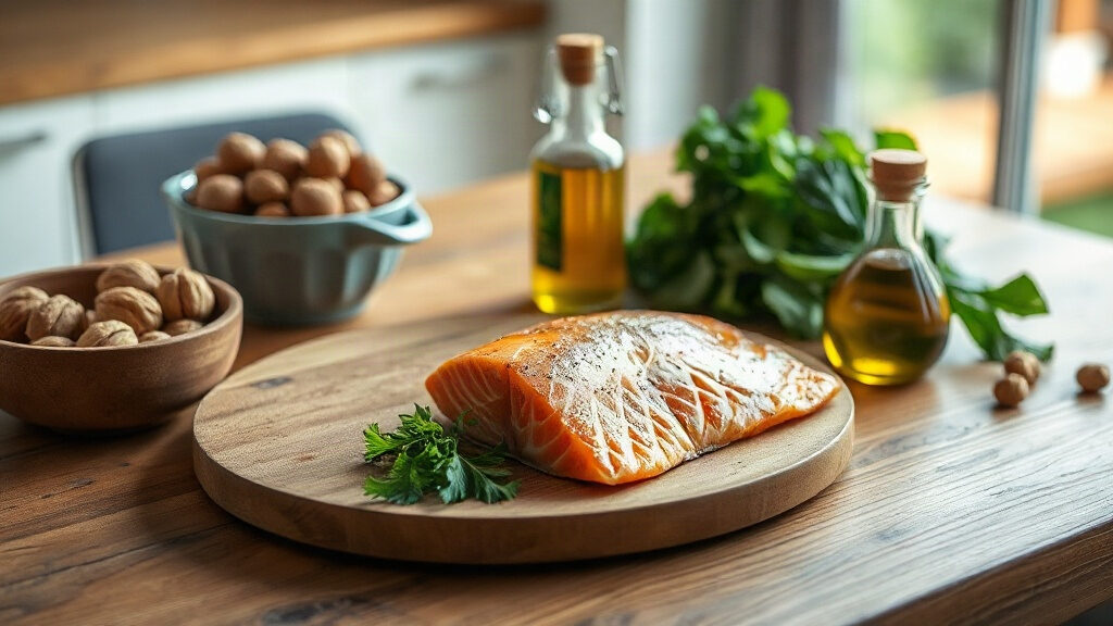 Triglycérides élevés : pourquoi montent-ils et que faire ? 3 Triglycérides : assiette équilibrée avec poisson gras, noix et légumes verts