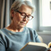 Vue qui baisse : femme de 55 ans lisant avec des lunettes près d'une fenêtre