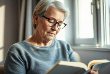 Vue qui baisse : femme de 55 ans lisant avec des lunettes près d'une fenêtre