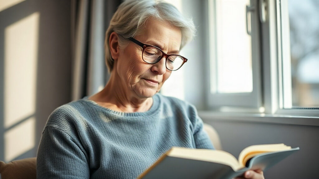 Vue qui baisse : comment l'âge et les écrans fragilisent la rétine 1 Vue qui baisse : femme de 55 ans lisant avec des lunettes près d'une fenêtre