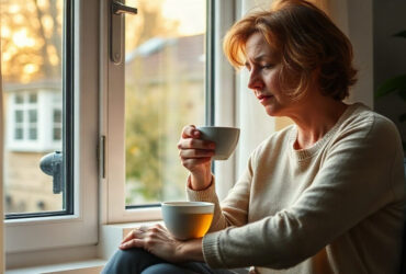 Femme épuisée le matin, tasse de café à la main : la fatigue surrénale en question