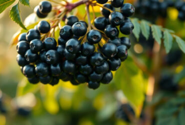 sureau noir : grappes de baies violettes mûres sur une branche en lumière d'automne