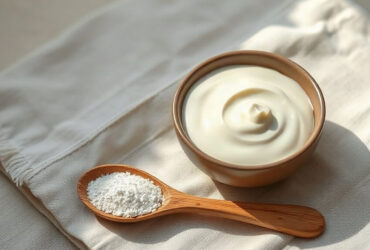 colostrum ou probiotiques : bol de yaourt nature et poudre crème sur une table en bois