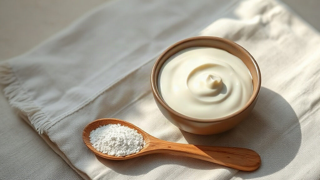 colostrum ou probiotiques : bol de yaourt nature et poudre crème sur une table en bois
